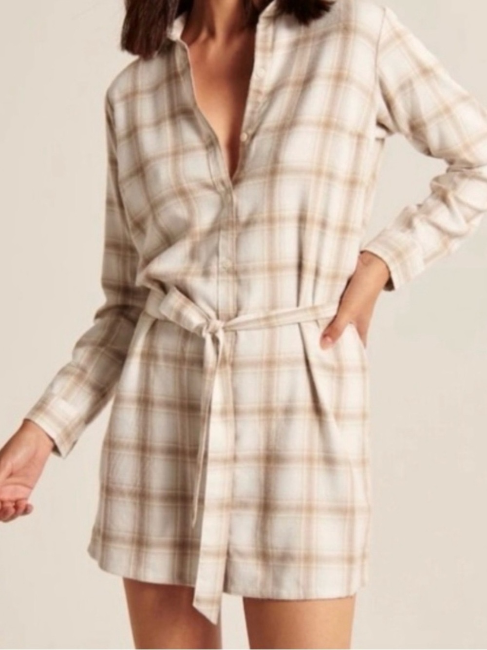 Abercrombie & Fitch Cream and Tan Plaid Long-Sleeve Shirt Dress